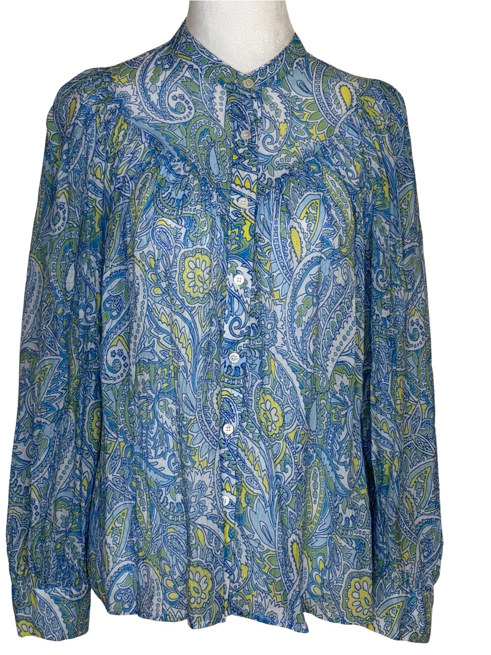 Vince Camuto Blue and Green Paisley Button-Down Blouse lightweight relaxed fit